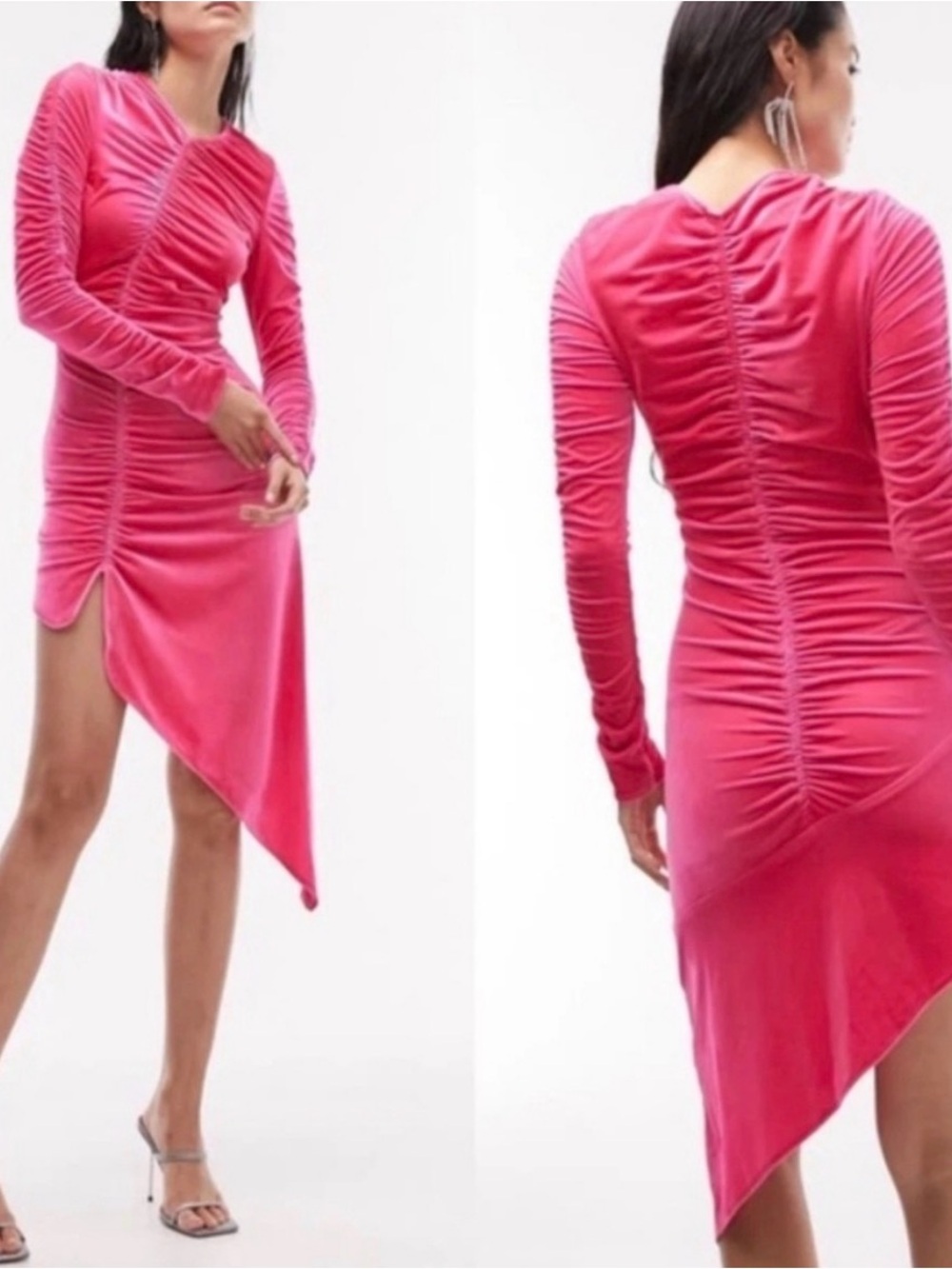 Topshop Velvet Ruched Asymmetric Mini Dress Hot Pink US 6